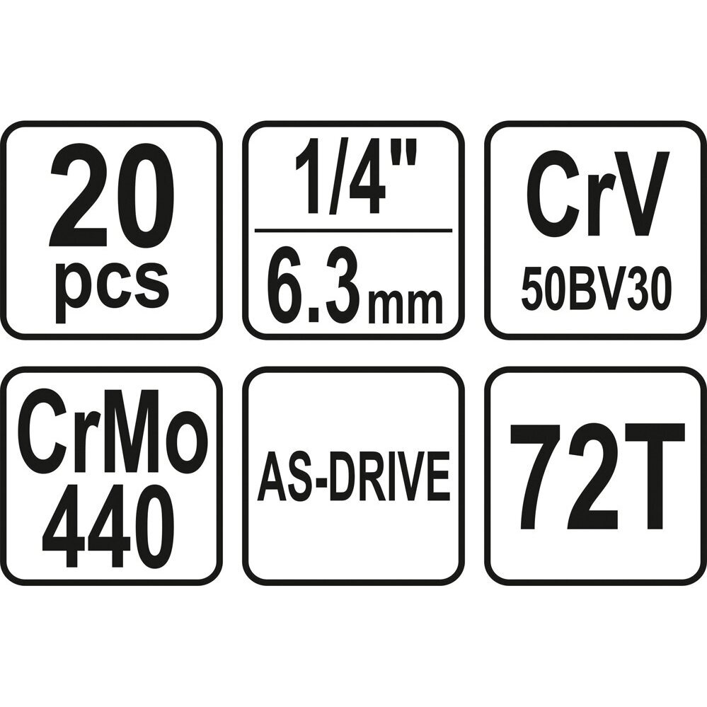 Galvučių su terkšle rinkinys Yato YT-14491, 1/4", 20 vnt. 4 Galvučių su terkšle rinkinys Yato YT-14491, 1/4", 20 vnt. 4