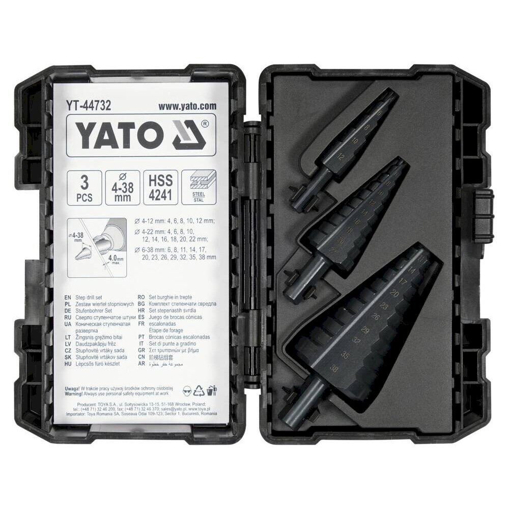 Grąžtai skylės (pa)platinimui pakopiniai | 4-38 mm | 3 vnt. (YT-44732)