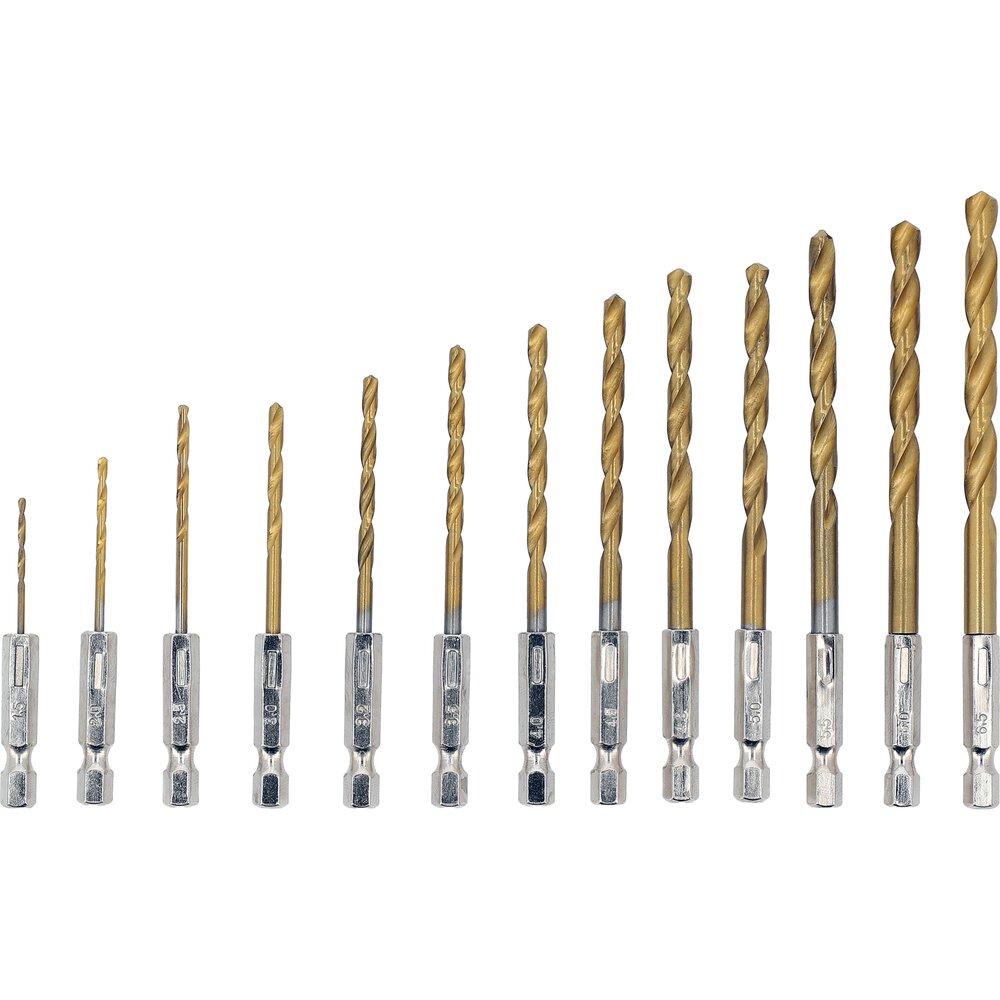 Grąžtų rinkinys su Hex 6.3 mm (1/4") galu | titano nitridas | 1.5 - 6.5 mm | 13 vnt (21655) Grąžtų rinkinys su Hex 6.3 mm (1/4") galu | titano nitridas | 1.5 - 6.5 mm | 13 vnt (21655)