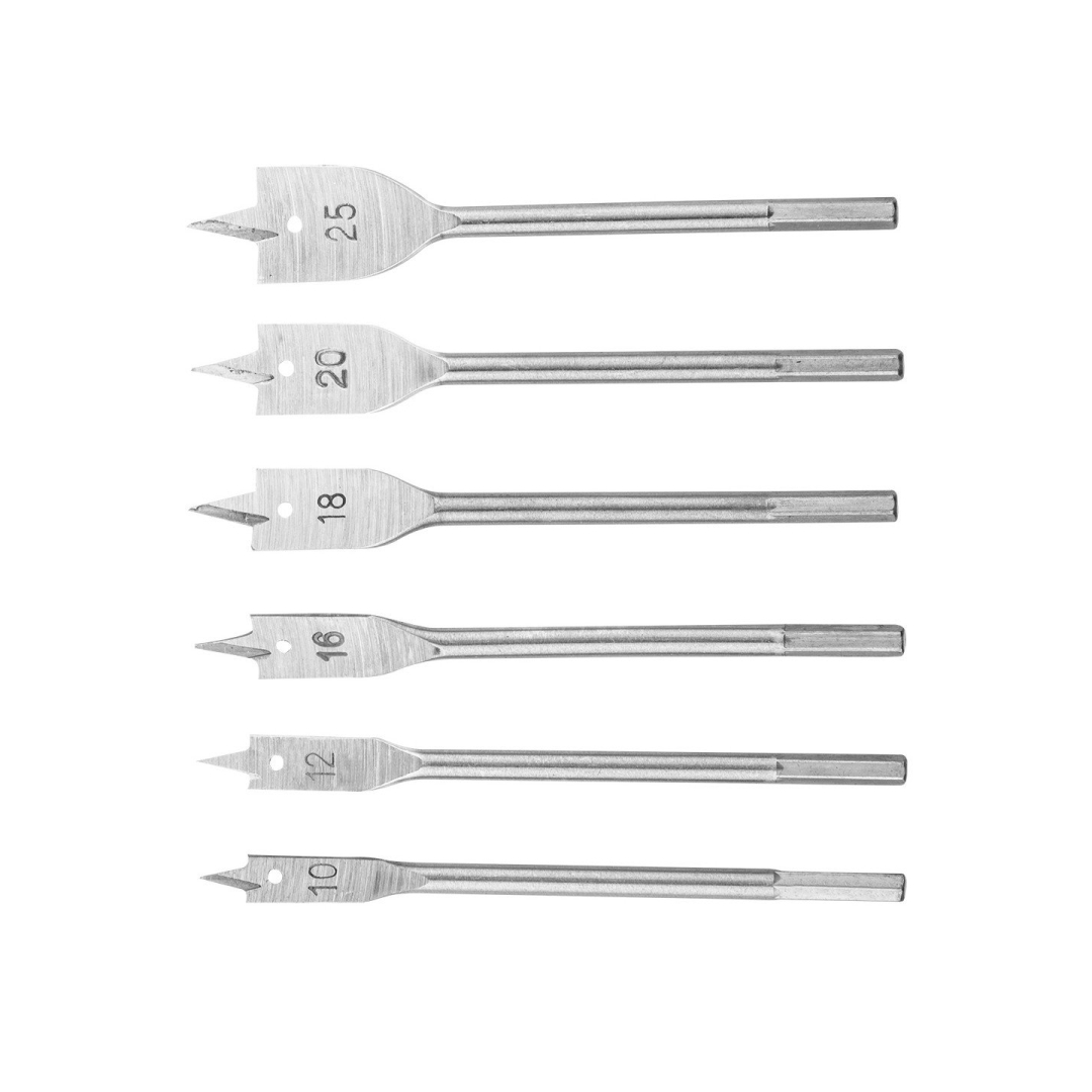 Grąžtai medžiui, plunksniniai 10 - 25 mm., kpl., 6vnt Grąžtai medžiui, plunksniniai 10 - 25 mm., kpl., 6vnt