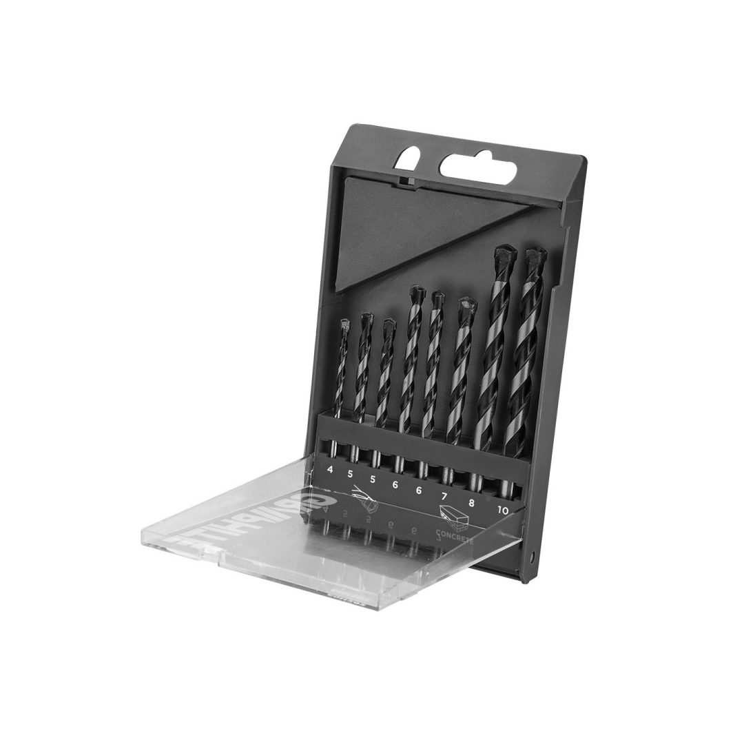 Grąžtų komplektas betonui, rinkinys 8 vnt. - 4, 5, 5, 6, 6, 7, 8, 10 mm Grąžtų komplektas betonui, rinkinys 8 vnt. - 4, 5, 5, 6, 6, 7, 8, 10 mm