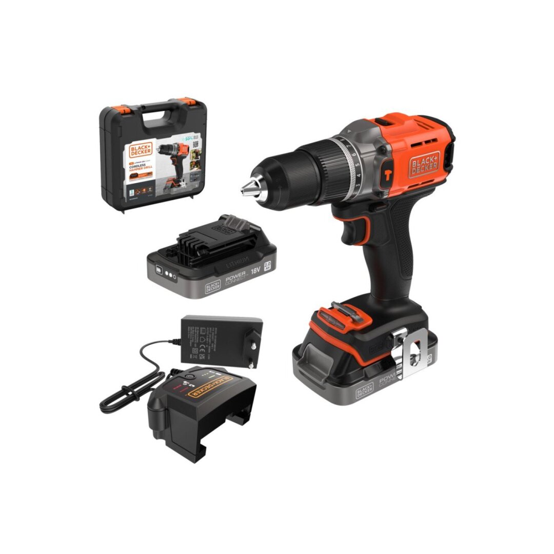 Akumuliatorinis gręžtuvas Black&Decker BCD383D2XK-QW, 18V, 2x2Ah