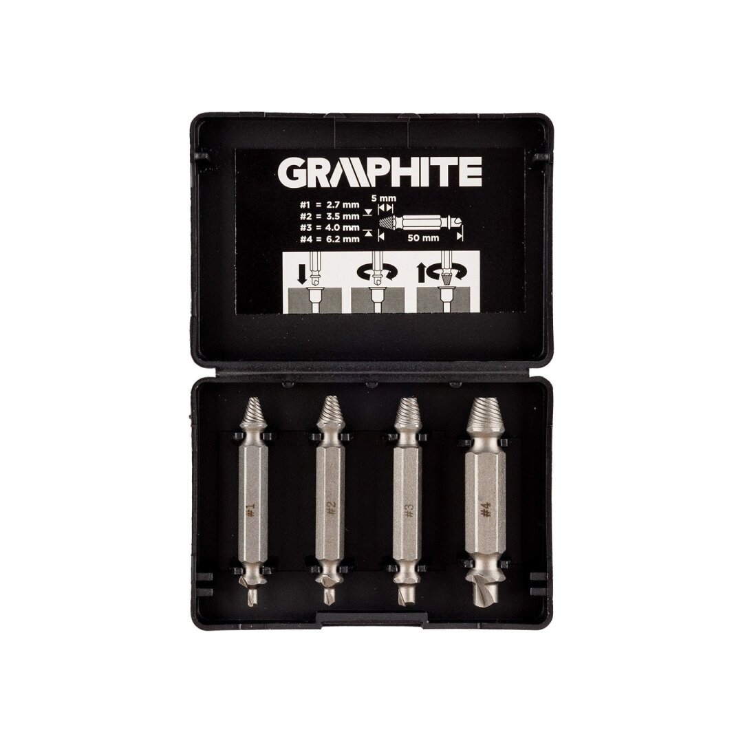 Grįžtami sraigtiniai ištraukimai, skirti sulaužyti varžtus ar pažeistus lizdus, rinkinys 4 vnt. Grįžtami sraigtiniai ištraukimai, skirti sulaužyti varžtus ar pažeistus lizdus, rinkinys 4 vnt.