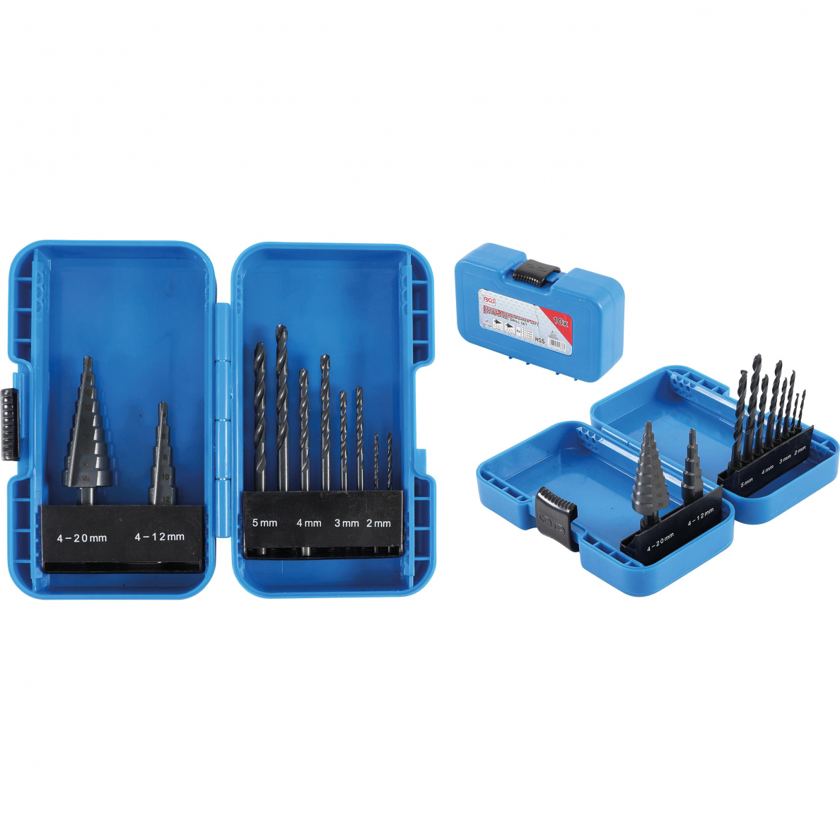 Pakopinių grąžtų ir grąžtų metalui komplektas BGS-technic 1686, 10 vnt. Pakopinių grąžtų ir grąžtų metalui komplektas BGS-technic 1686, 10 vnt.