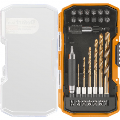 Grąžtų ir sukimo antgalių komplektas Defort DS-21, 21 vnt Grąžtų ir sukimo antgalių komplektas Defort DS-21, 21 vnt