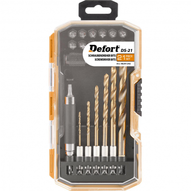 Grąžtų ir sukimo antgalių komplektas Defort DS-21, 21 vnt 1 Grąžtų ir sukimo antgalių komplektas Defort DS-21, 21 vnt 1
