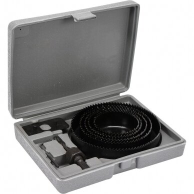 Grąžtų karūnų rinkinys medžiui Vorel 64-127 mm, 8 vnt. Grąžtų karūnų rinkinys medžiui Vorel 64-127 mm, 8 vnt.