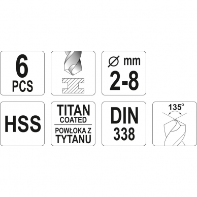 Grąžtų rinkinys Yato YT-44673, 2 - 8 mm, 6 vnt 2 Grąžtų rinkinys Yato YT-44673, 2 - 8 mm, 6 vnt 2