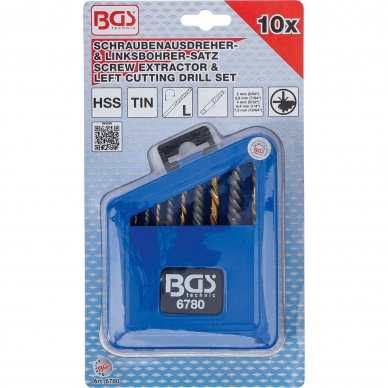 Kairinių grąžtų ir užlūžusių varžtų išsukėjų rinkinys BGS-technic 6780, 2 - 7.5 mm, 10 vnt. 3 Kairinių grąžtų ir užlūžusių varžtų išsukėjų rinkinys BGS-technic 6780, 2 - 7.5 mm, 10 vnt. 3