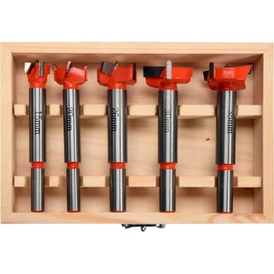 Grąžtų/frezų medžiui rinkinys | 15-35 mm | 5 vnt. (YT-33015) 1 Grąžtų/frezų medžiui rinkinys | 15-35 mm | 5 vnt. (YT-33015) 1