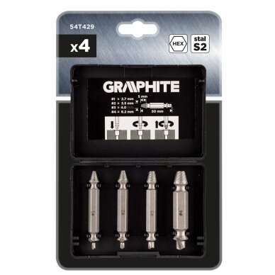 Grįžtami sraigtiniai ištraukimai, skirti sulaužyti varžtus ar pažeistus lizdus, rinkinys 4 vnt. 1 Grįžtami sraigtiniai ištraukimai, skirti sulaužyti varžtus ar pažeistus lizdus, rinkinys 4 vnt. 1