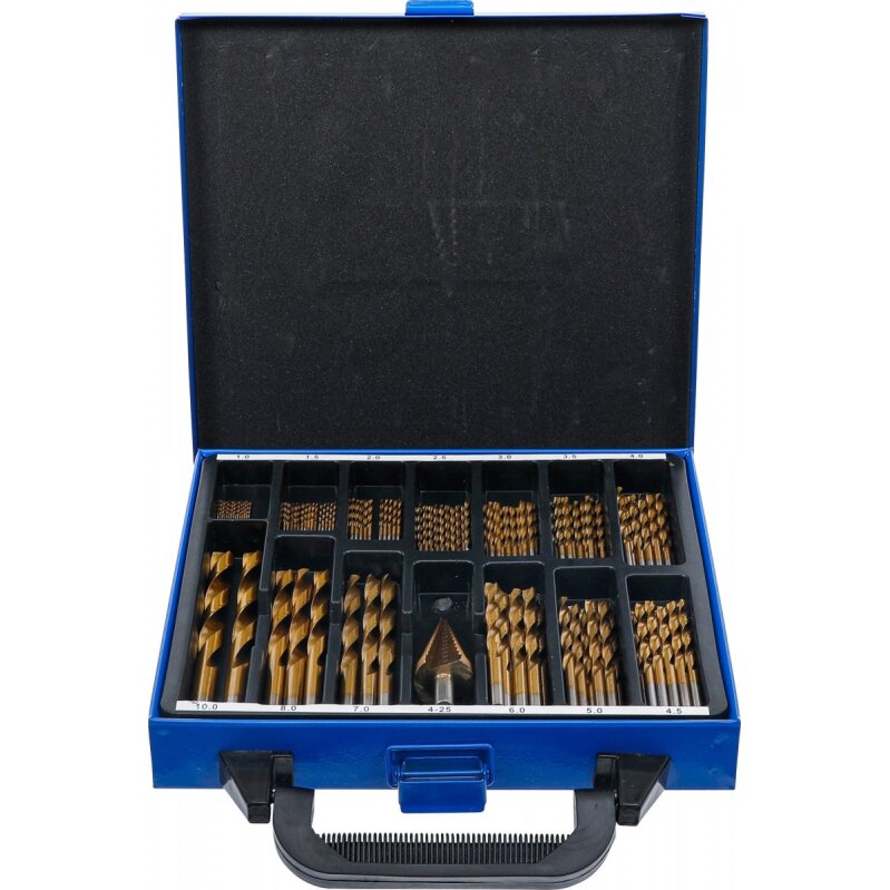 Grąžtų ir pakopinės frezos rinkinys | HSS | titano nitridas | 1 - 10 mm | 119 vnt. (2009) Grąžtų ir pakopinės frezos rinkinys | HSS | titano nitridas | 1 - 10 mm | 119 vnt. (2009)