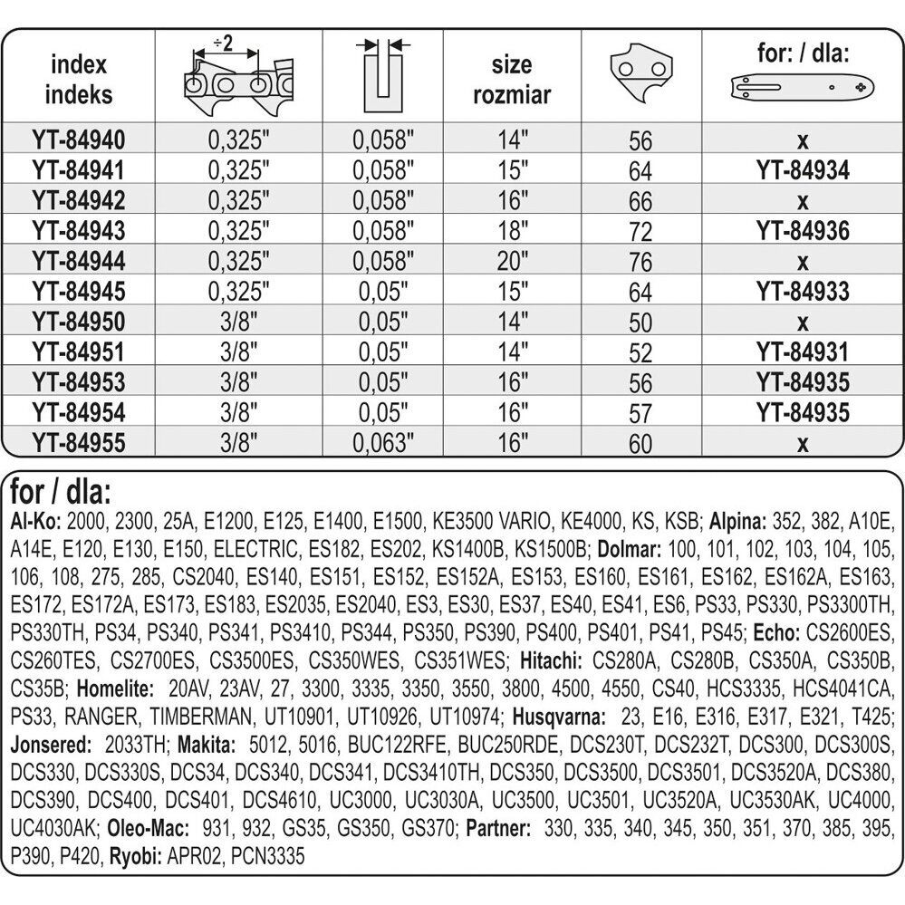 Grandinė pjūklui 16" 3/8" 0,05" 57 dantys (YT-84954) 3