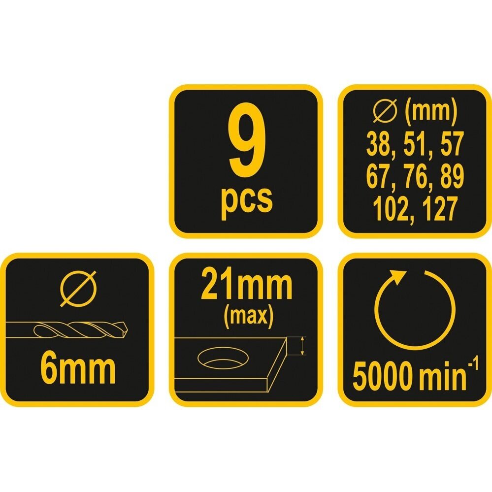Gręžimo karūnų rinkinys medžiui Vorel 38-127 mm, 9 vnt 2 Gręžimo karūnų rinkinys medžiui Vorel 38-127 mm, 9 vnt 2