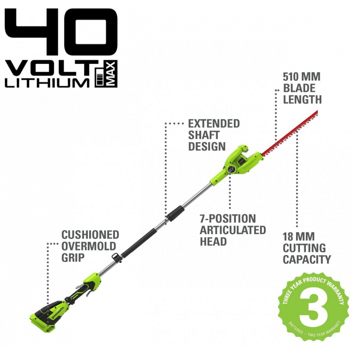 Akumuliatorinis gyvatvorių genėtuvas Greenworks G40PHAK2, 40 V, 2,0 Ah 4 Akumuliatorinis gyvatvorių genėtuvas Greenworks G40PHAK2, 40 V, 2,0 Ah 4