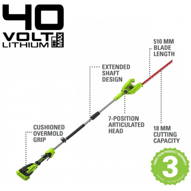 Akumuliatorinis gyvatvorių genėtuvas Greenworks G40PHAK2, 40 V, 2,0 Ah 4 Akumuliatorinis gyvatvorių genėtuvas Greenworks G40PHAK2, 40 V, 2,0 Ah 4