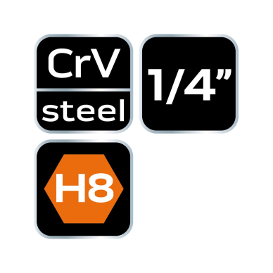 H8 šešiakampė 1/4 colio galvutė, ilga, 87 mm 6 H8 šešiakampė 1/4 colio galvutė, ilga, 87 mm 6