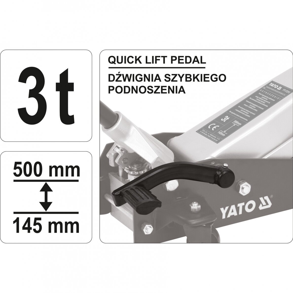 Hidraulinis domkratas ant ratukų Yato YT-17213, 145-500 mm, 3 t 1 Hidraulinis domkratas ant ratukų Yato YT-17213, 145-500 mm, 3 t 1