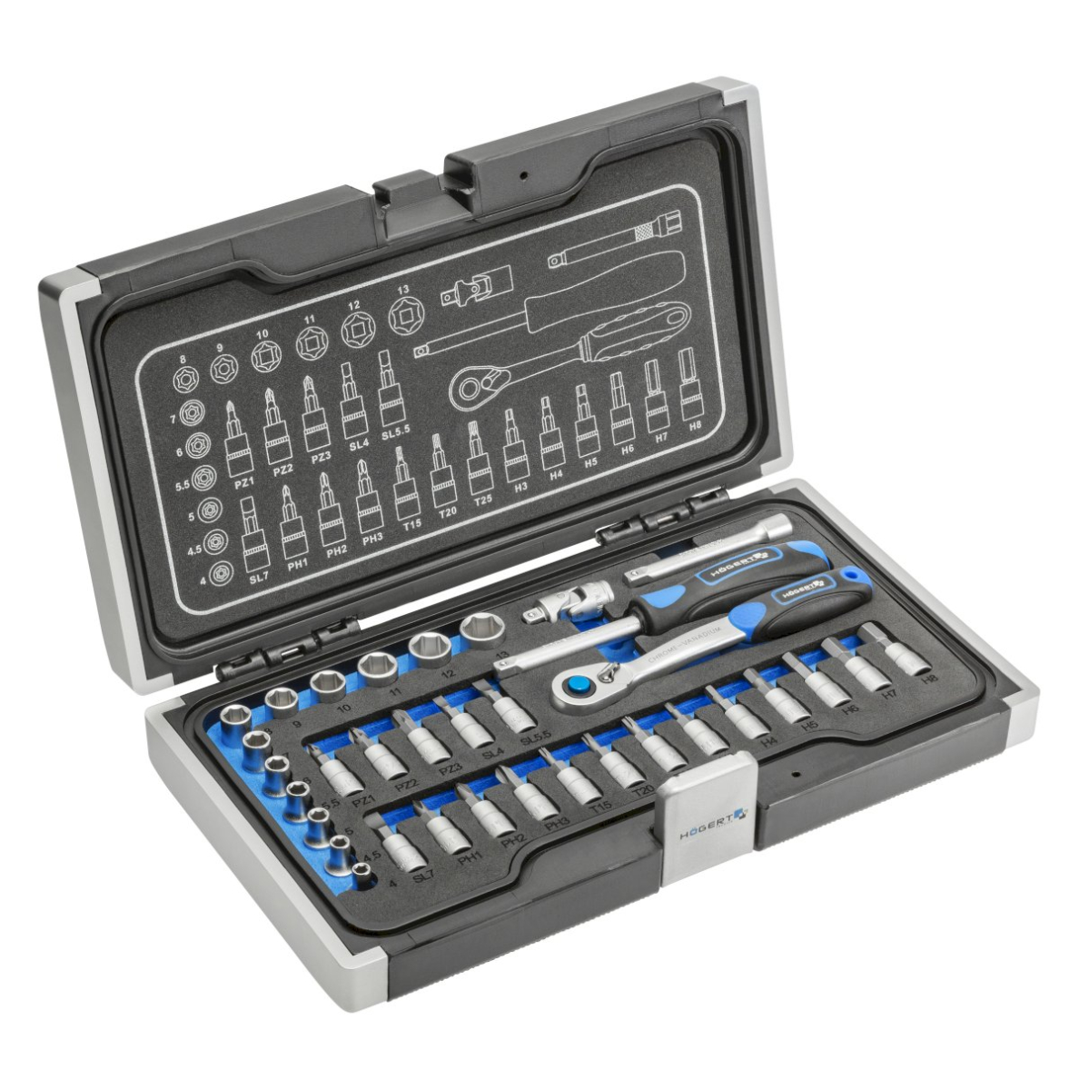 HOGERT įrankių komplektas 1/4'' / 34 dalių, HT1R464 HOGERT įrankių komplektas 1/4'' / 34 dalių, HT1R464