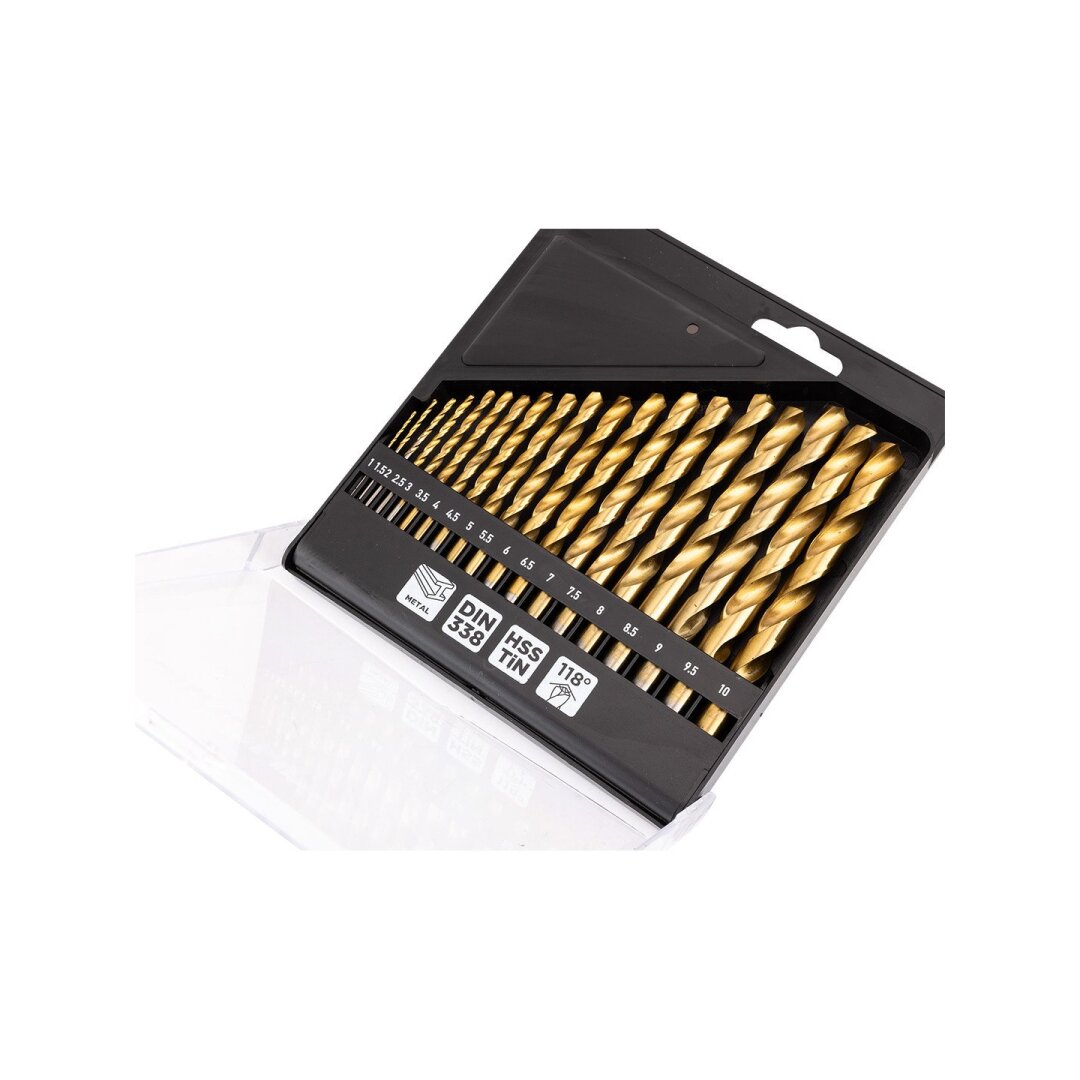HSS TiN metalo grąžtas, 1 - 10 mm, nustatytas 19 vnt. 2