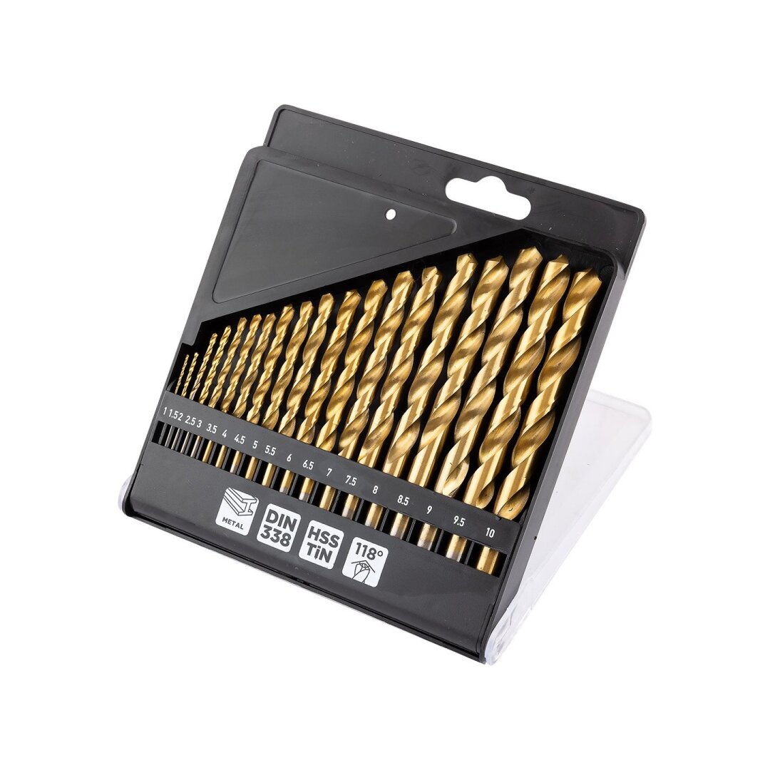 HSS TiN metalo grąžtas, 1 - 10 mm, nustatytas 19 vnt.