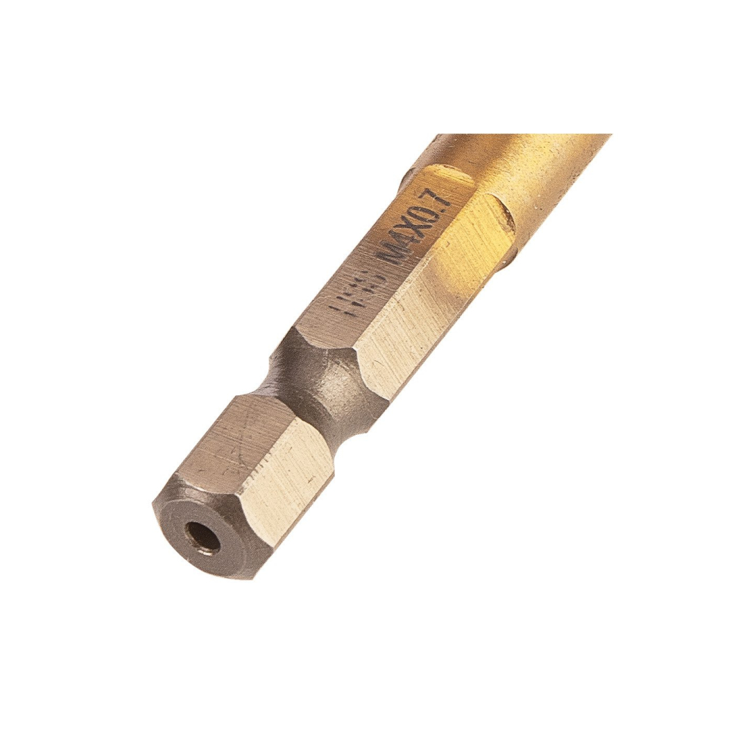 HSS TiN sriegimo grąžtas, M4x0,7 mm, šešiabriaunis 4 HSS TiN sriegimo grąžtas, M4x0,7 mm, šešiabriaunis 4