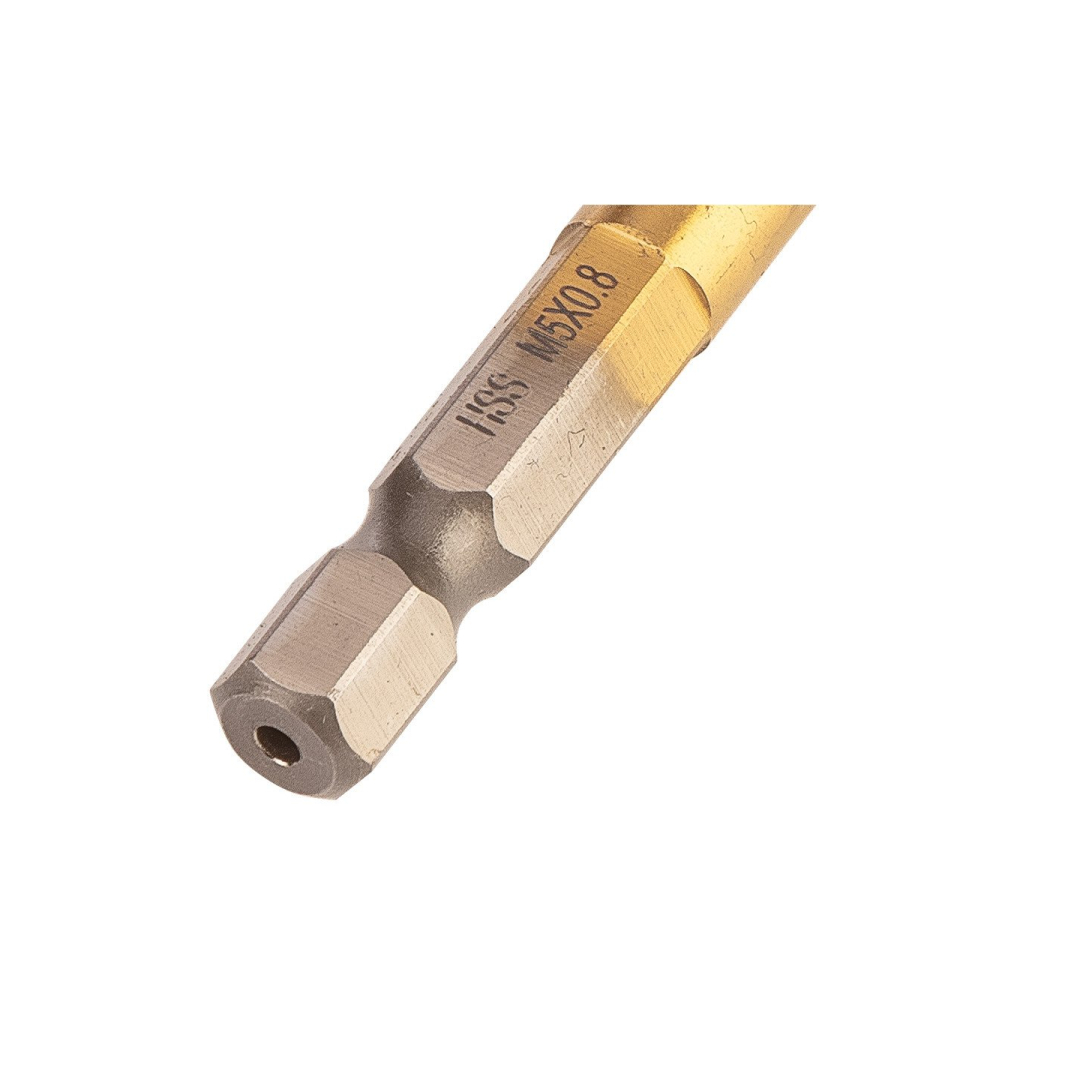 HSS TiN sriegimo grąžtas, M5x0,8 mm, šešiabriaunis 4 HSS TiN sriegimo grąžtas, M5x0,8 mm, šešiabriaunis 4