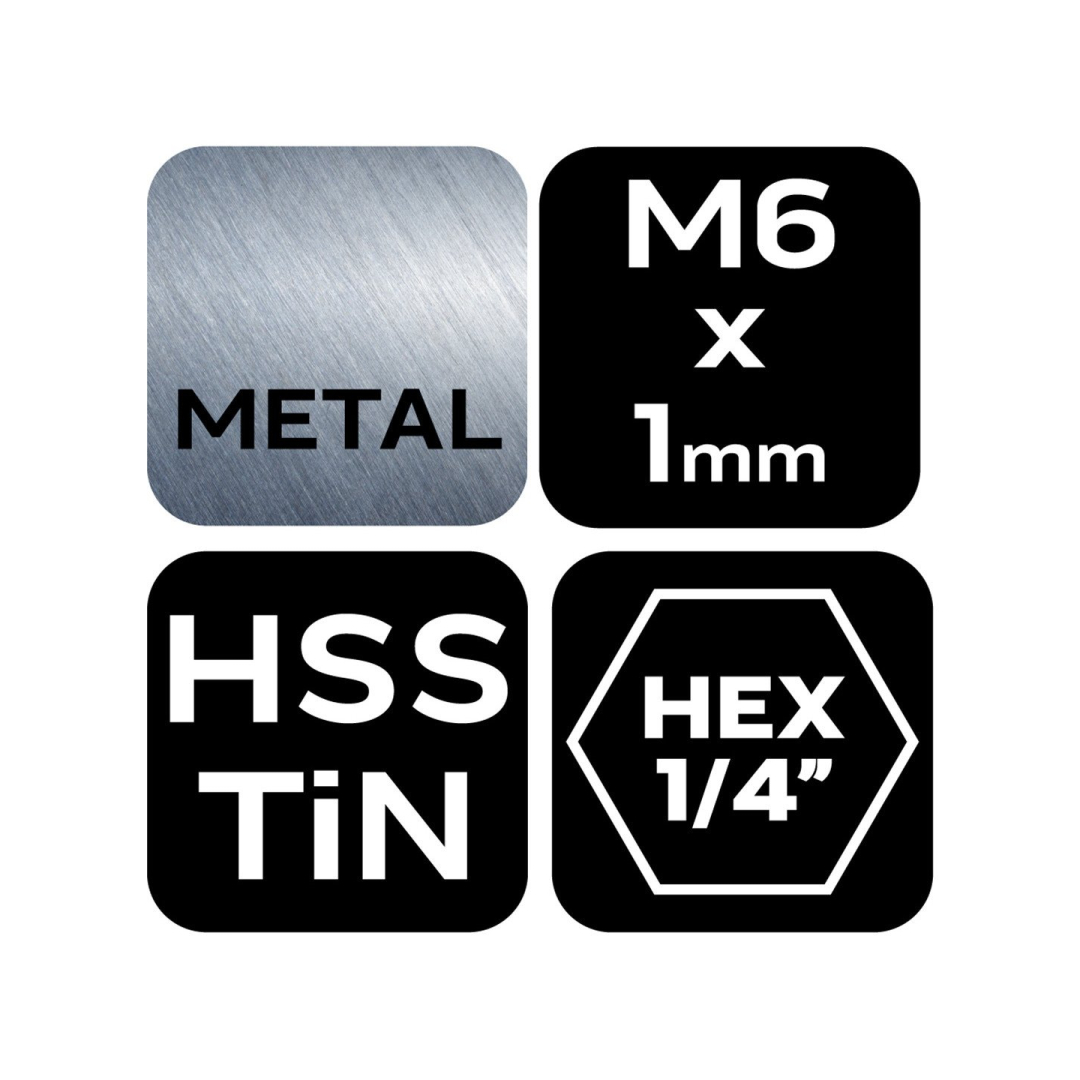 HSS TiN sriegimo grąžtas, M6x1 mm, šešiabriaunis 6 HSS TiN sriegimo grąžtas, M6x1 mm, šešiabriaunis 6