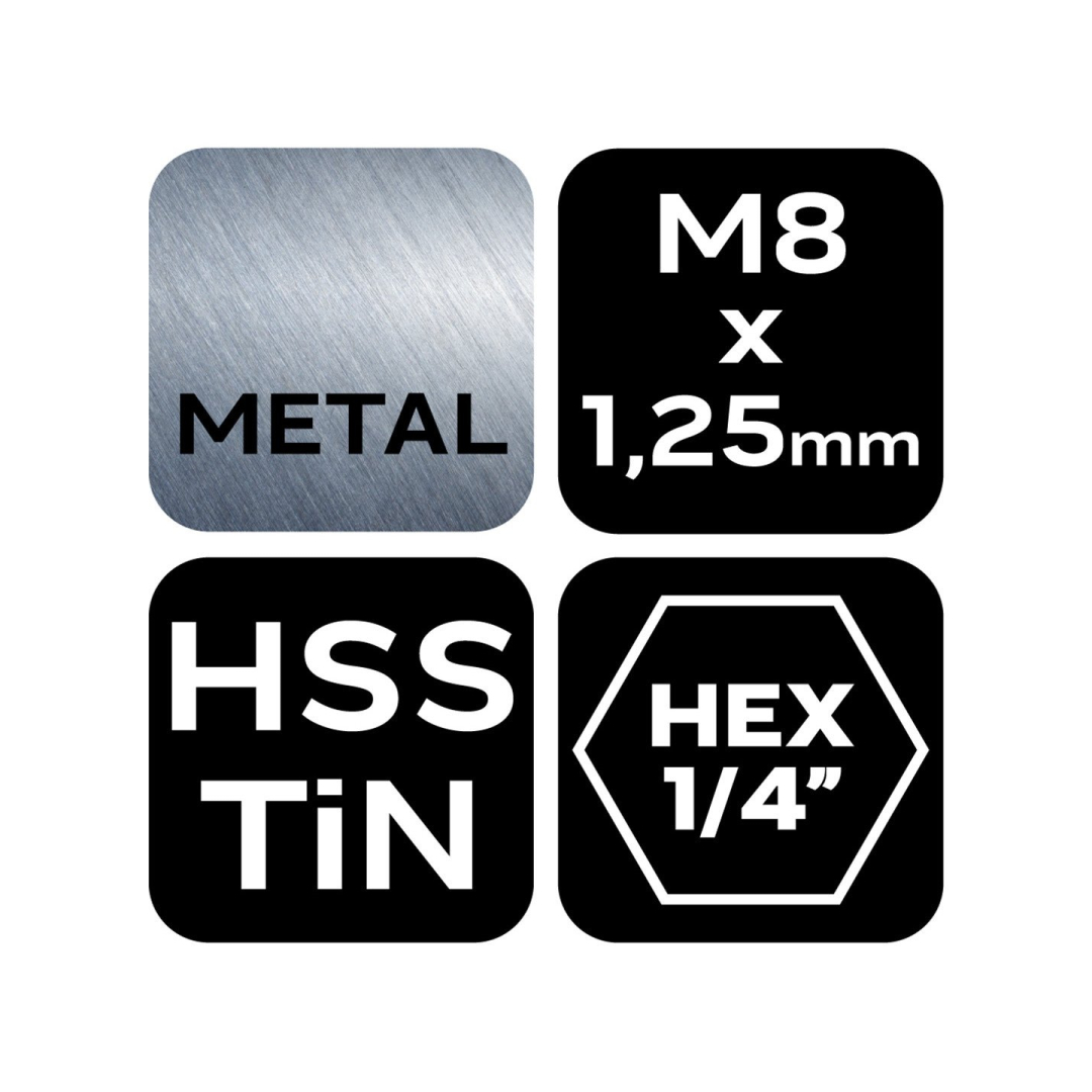 HSS TiN sriegimo grąžtas, M8x1,25 mm, šešiabriaunis 6 HSS TiN sriegimo grąžtas, M8x1,25 mm, šešiabriaunis 6