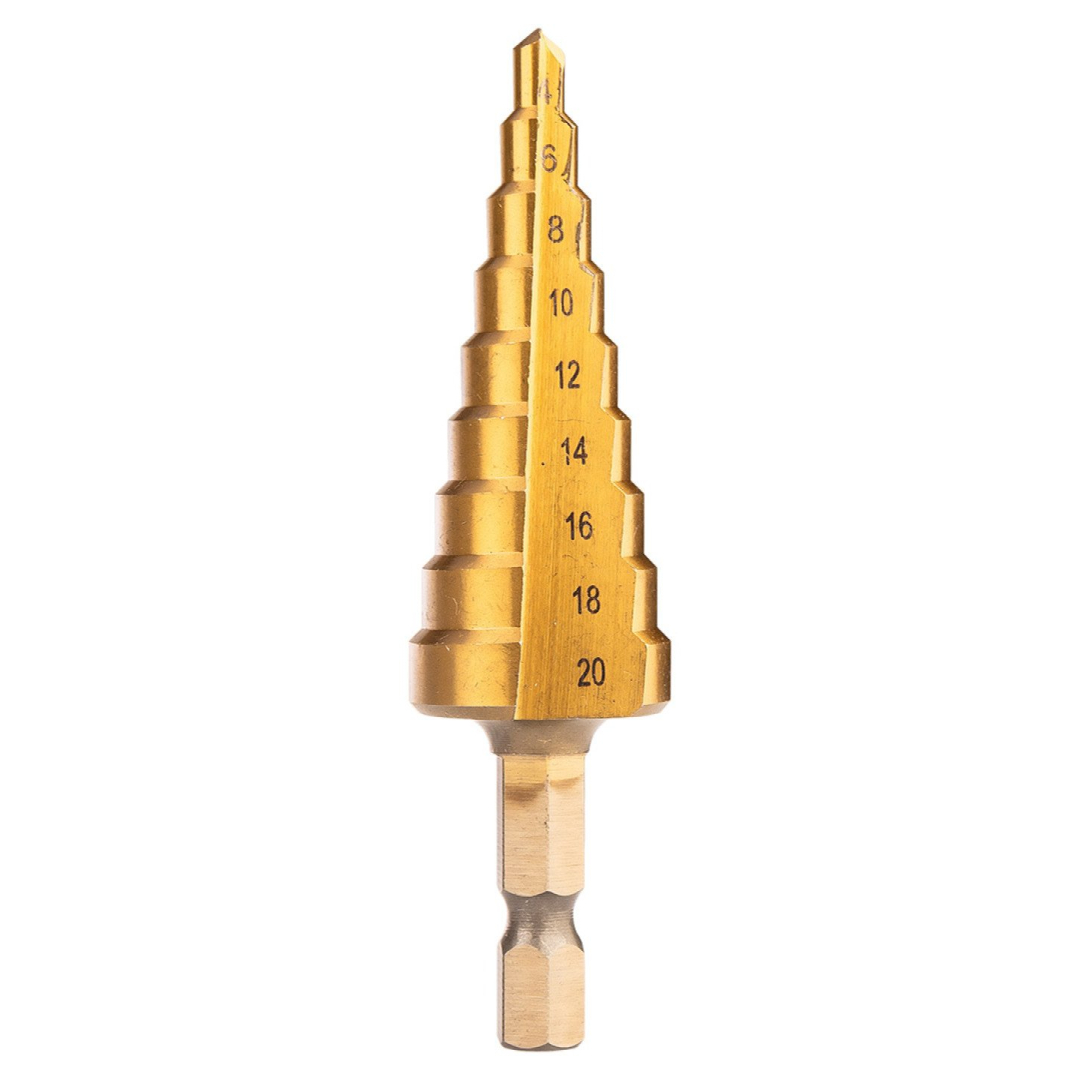 HSS TiN žingsninių grąžtų rinkinys, 3-20 mm, šešiabriaunis, 3 vnt. 2 HSS TiN žingsninių grąžtų rinkinys, 3-20 mm, šešiabriaunis, 3 vnt. 2