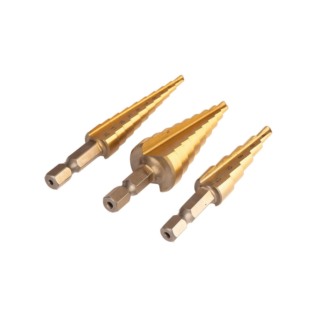 HSS TiN žingsninių grąžtų rinkinys, 3-20 mm, šešiabriaunis, 3 vnt. 4