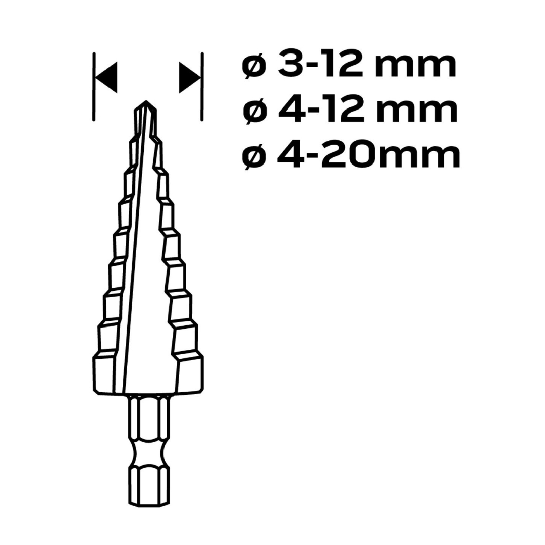 HSS TiN žingsninių grąžtų rinkinys, 3-20 mm, šešiabriaunis, 3 vnt. 6 HSS TiN žingsninių grąžtų rinkinys, 3-20 mm, šešiabriaunis, 3 vnt. 6