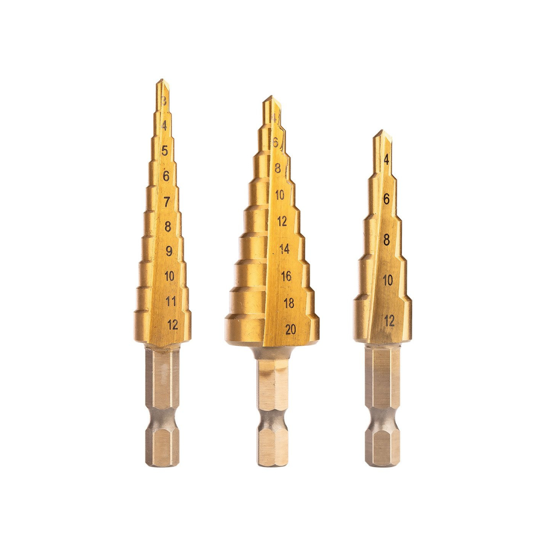 HSS TiN žingsninių grąžtų rinkinys, 3-20 mm, šešiabriaunis, 3 vnt. HSS TiN žingsninių grąžtų rinkinys, 3-20 mm, šešiabriaunis, 3 vnt.