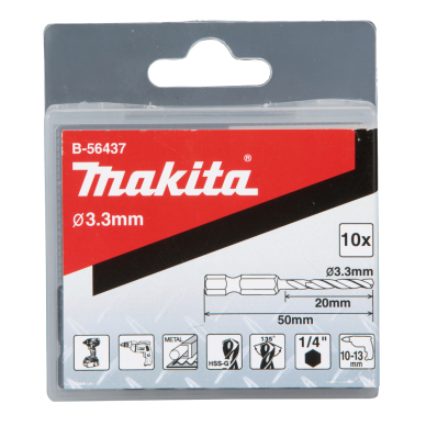 Grąžtas metalui Makita B-56437, HSS-G, 3,3x50MM, 1/4", (10 vnt.) 1 Grąžtas metalui Makita B-56437, HSS-G, 3,3x50MM, 1/4", (10 vnt.) 1