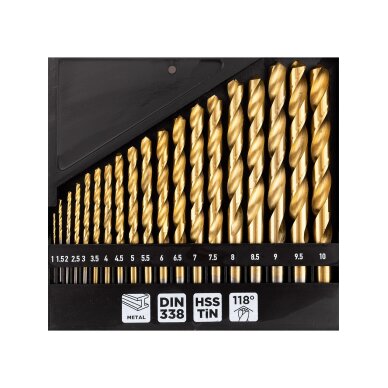 HSS TiN metalo grąžtas, 1 - 10 mm, nustatytas 19 vnt. 4 HSS TiN metalo grąžtas, 1 - 10 mm, nustatytas 19 vnt. 4