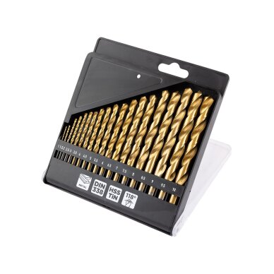 HSS TiN metalo grąžtas, 1 - 10 mm, nustatytas 19 vnt. HSS TiN metalo grąžtas, 1 - 10 mm, nustatytas 19 vnt.