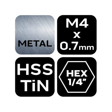 HSS TiN sriegimo grąžtas, M4x0,7 mm, šešiabriaunis 6 HSS TiN sriegimo grąžtas, M4x0,7 mm, šešiabriaunis 6