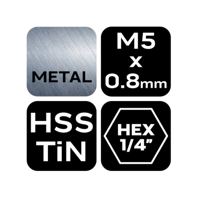 HSS TiN sriegimo grąžtas, M5x0,8 mm, šešiabriaunis 6 HSS TiN sriegimo grąžtas, M5x0,8 mm, šešiabriaunis 6