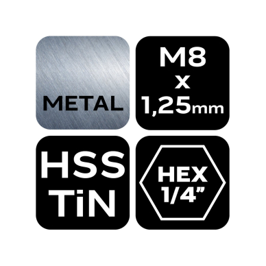HSS TiN sriegimo grąžtas, M8x1,25 mm, šešiabriaunis 6 HSS TiN sriegimo grąžtas, M8x1,25 mm, šešiabriaunis 6