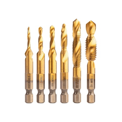 HSS TiN sriegimo grąžtų rinkinys, M3 - M10, šešiabriaunis, 6 vnt. HSS TiN sriegimo grąžtų rinkinys, M3 - M10, šešiabriaunis, 6 vnt.