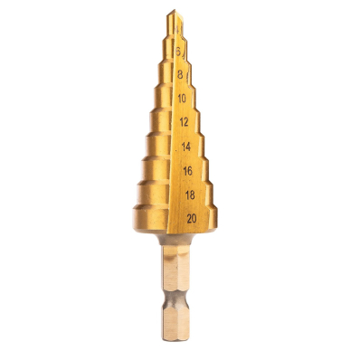 HSS TiN žingsninių grąžtų rinkinys, 3-20 mm, šešiabriaunis, 3 vnt. 2 HSS TiN žingsninių grąžtų rinkinys, 3-20 mm, šešiabriaunis, 3 vnt. 2