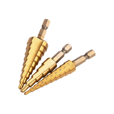 HSS TiN žingsninių grąžtų rinkinys, 3-20 mm, šešiabriaunis, 3 vnt. 5 HSS TiN žingsninių grąžtų rinkinys, 3-20 mm, šešiabriaunis, 3 vnt. 5