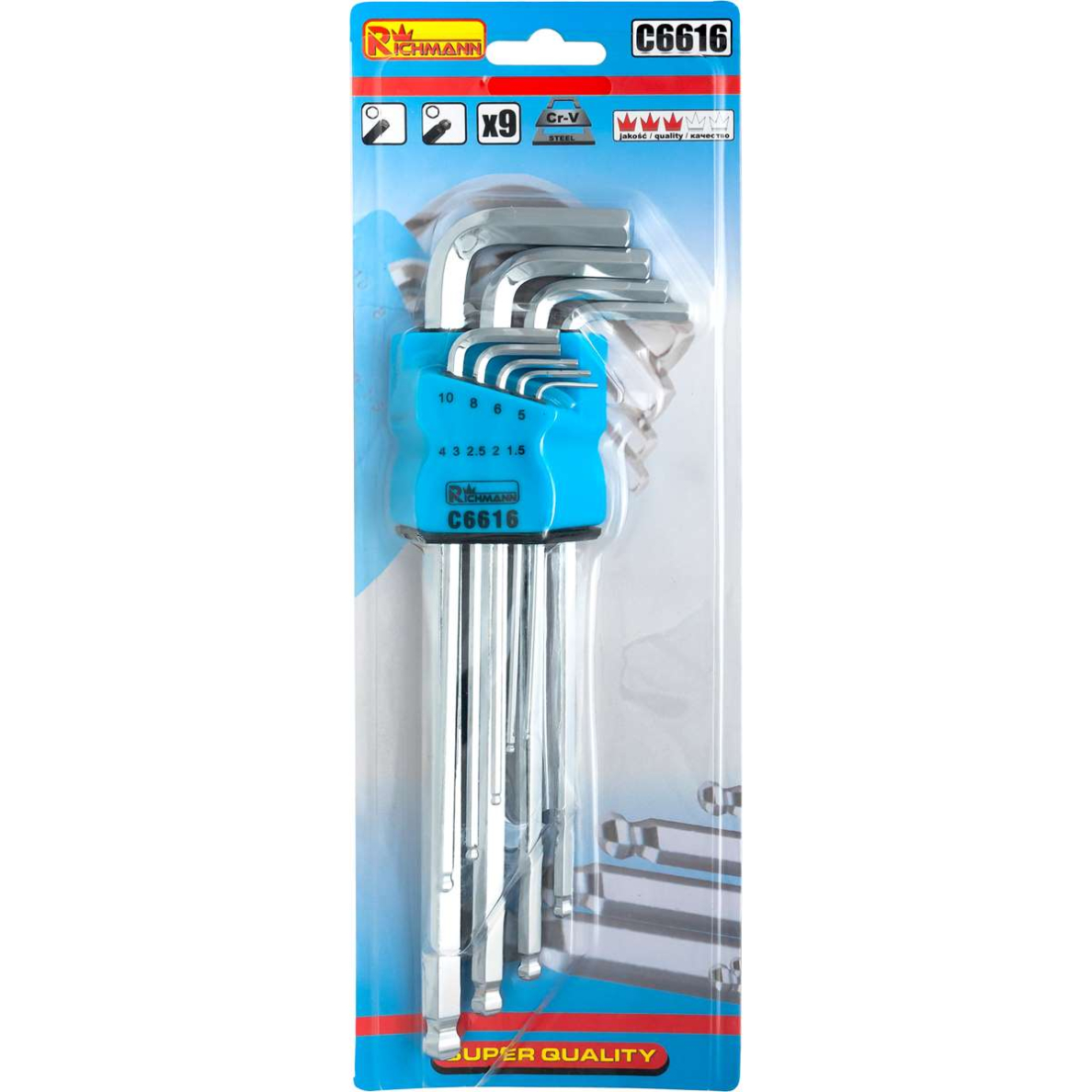 Ilgi šešiakampiai raktai 1,5 - 10 mm, 9 vnt. Ilgi šešiakampiai raktai 1,5 - 10 mm, 9 vnt.