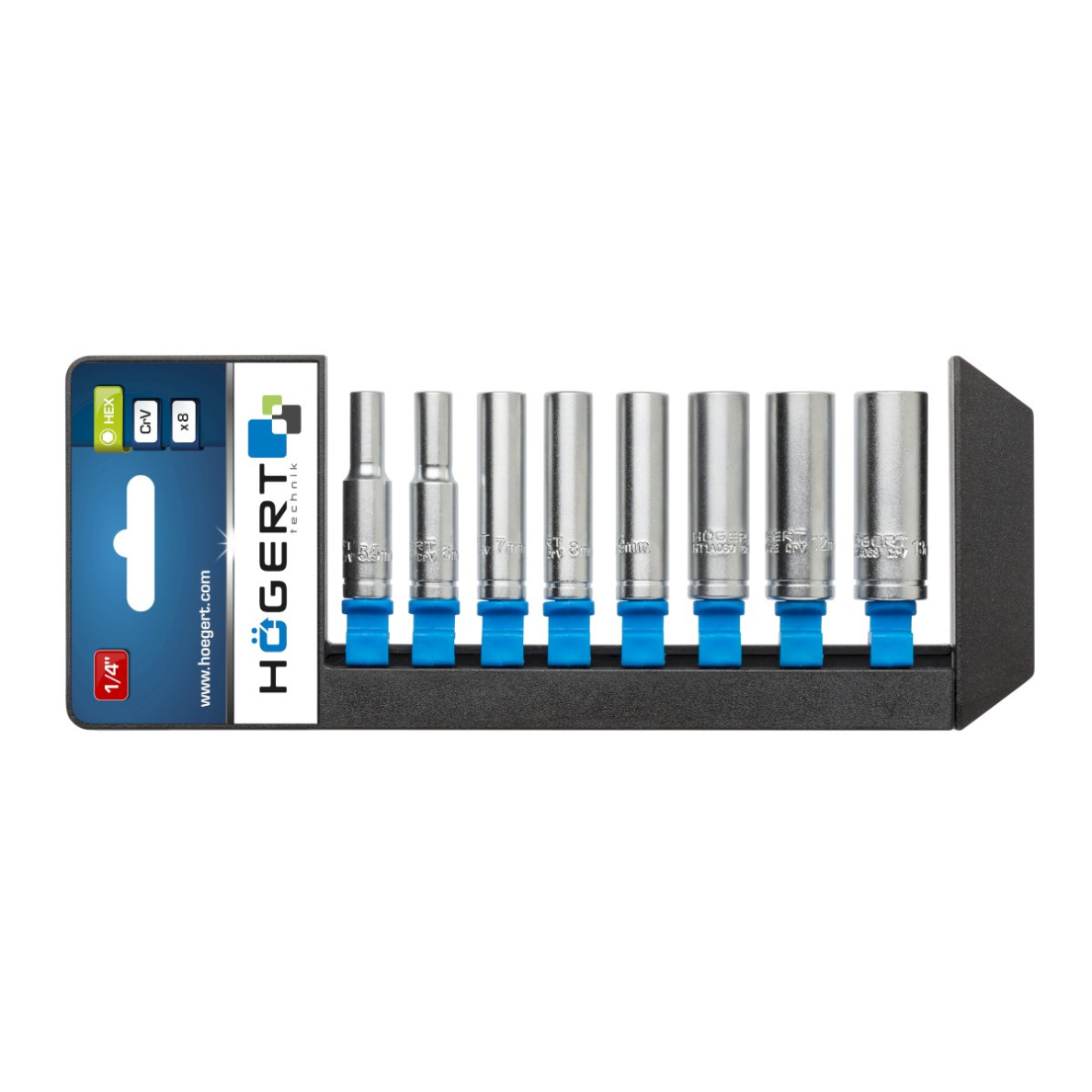 Ilgų galvučių komplektas 1/4" 6k. CrV / 8dalių, 5,5-13mm HOEGERT HT1A886 Ilgų galvučių komplektas 1/4" 6k. CrV / 8dalių, 5,5-13mm HOEGERT HT1A886