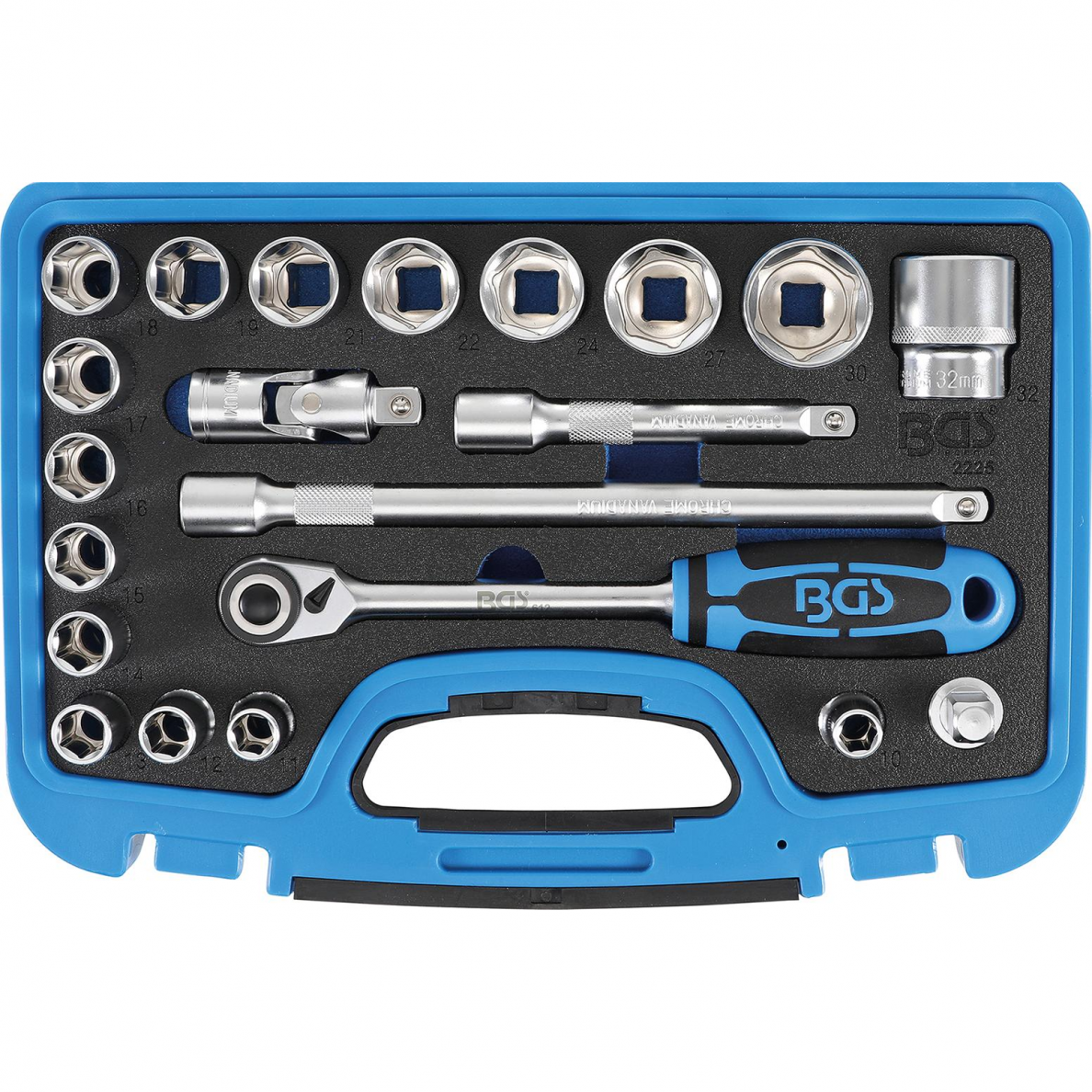 Įrankių ir galvučių komplektas BGS-technic, 12,5 mm (1/2"), 10 - 32 mm, 21 vnt. Įrankių ir galvučių komplektas BGS-technic, 12,5 mm (1/2"), 10 - 32 mm, 21 vnt.