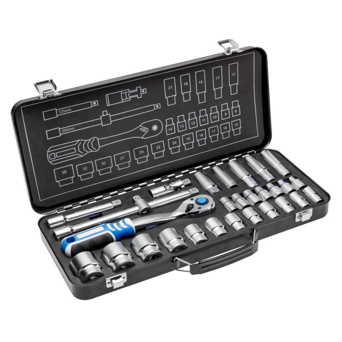 Įrankių komplektas 1/2 metalinėje dėžėje, 29dalių HOEGERT HT1R480 Įrankių komplektas 1/2 metalinėje dėžėje, 29dalių HOEGERT HT1R480