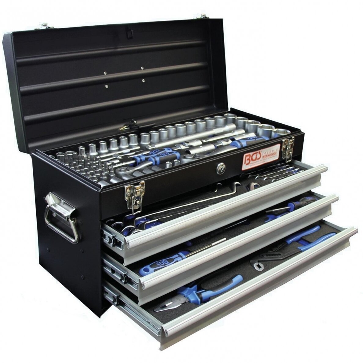 Įrankių rinkinys su metaline dėže BGS-technic, 3 stalčiai, 143 įrankiai Įrankių rinkinys su metaline dėže BGS-technic, 3 stalčiai, 143 įrankiai