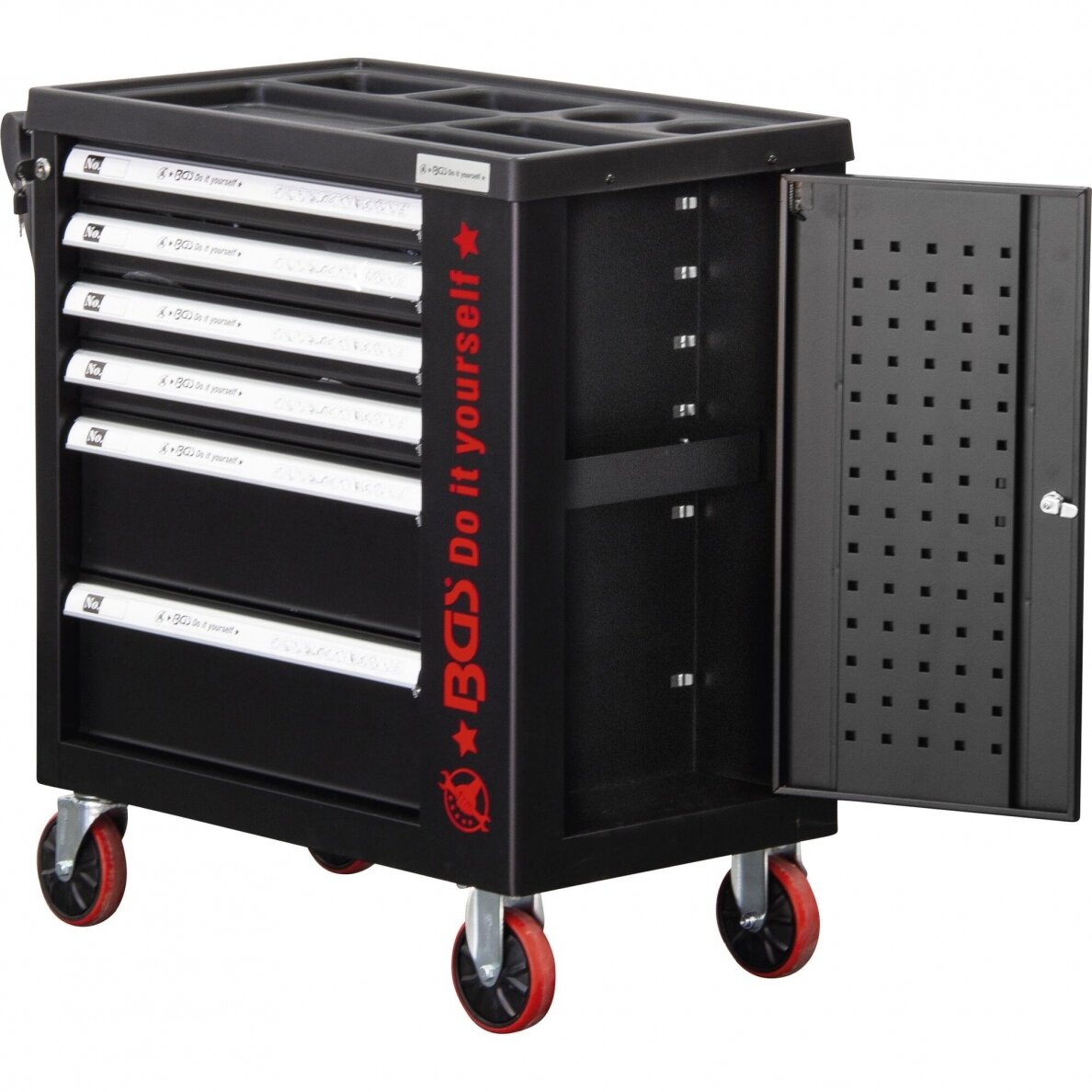 Įrankių spintelė ant ratukų BGS, 6 stalčiai, 1 šoninės durys, be įrankių Įrankių spintelė ant ratukų BGS, 6 stalčiai, 1 šoninės durys, be įrankių