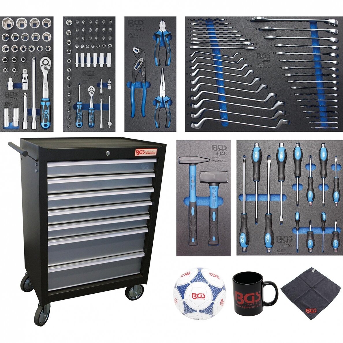 Įrankių spintelė BGS-technic, 7 stalčiai su 129 įrankiais