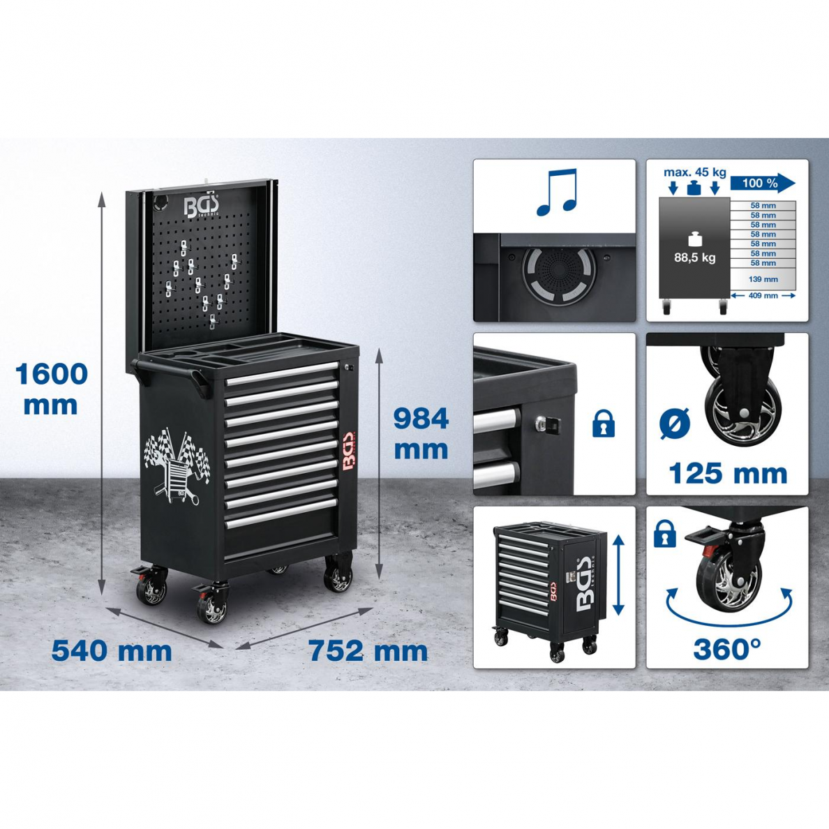 Įrankių spintelė BGS-technic, 8 stalčiai, bluetooth, USB, antena, LED, su 263 įrankiais 2 Įrankių spintelė BGS-technic, 8 stalčiai, bluetooth, USB, antena, LED, su 263 įrankiais 2
